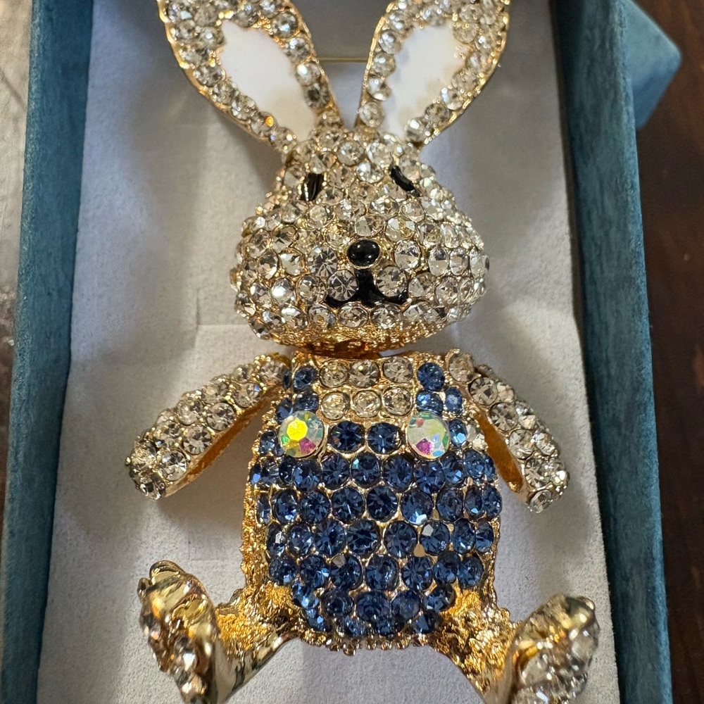 Sparkling Crystal Bunny Brooch with movable head and arms